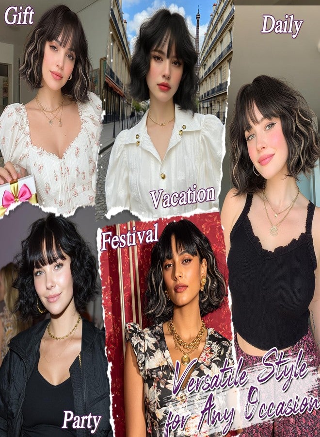 BARSDAR Short Wavy Black Wig with Bangs - Short Black Wavy Wigs for Women - Soft Synthetic Textured Curly Chic French Bob Wig with Face-Framing Bangs Natural Looking Daily Party Halloween - Image 5